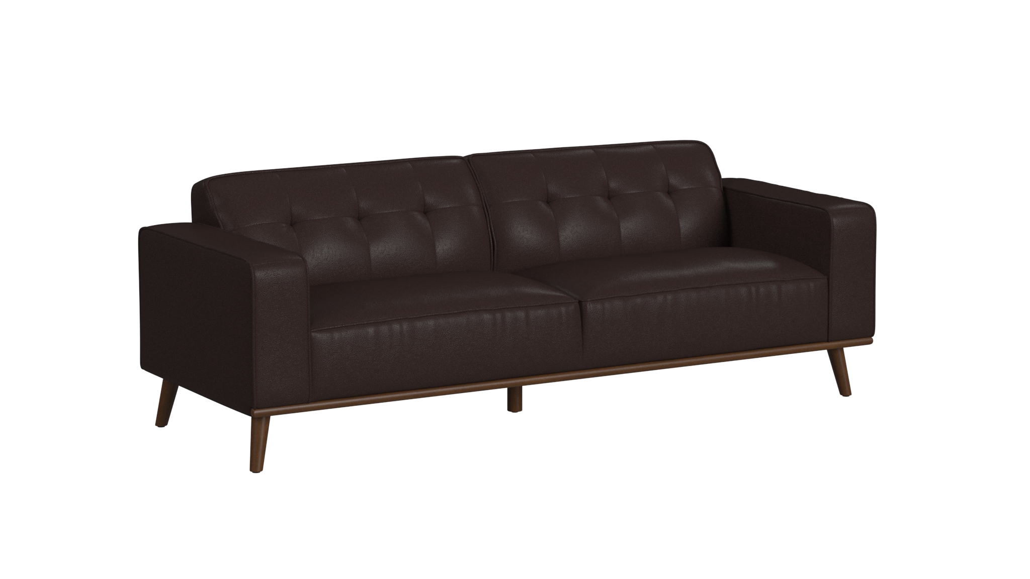 Brown leather sofa shown from a front three-quarter angle on a white background