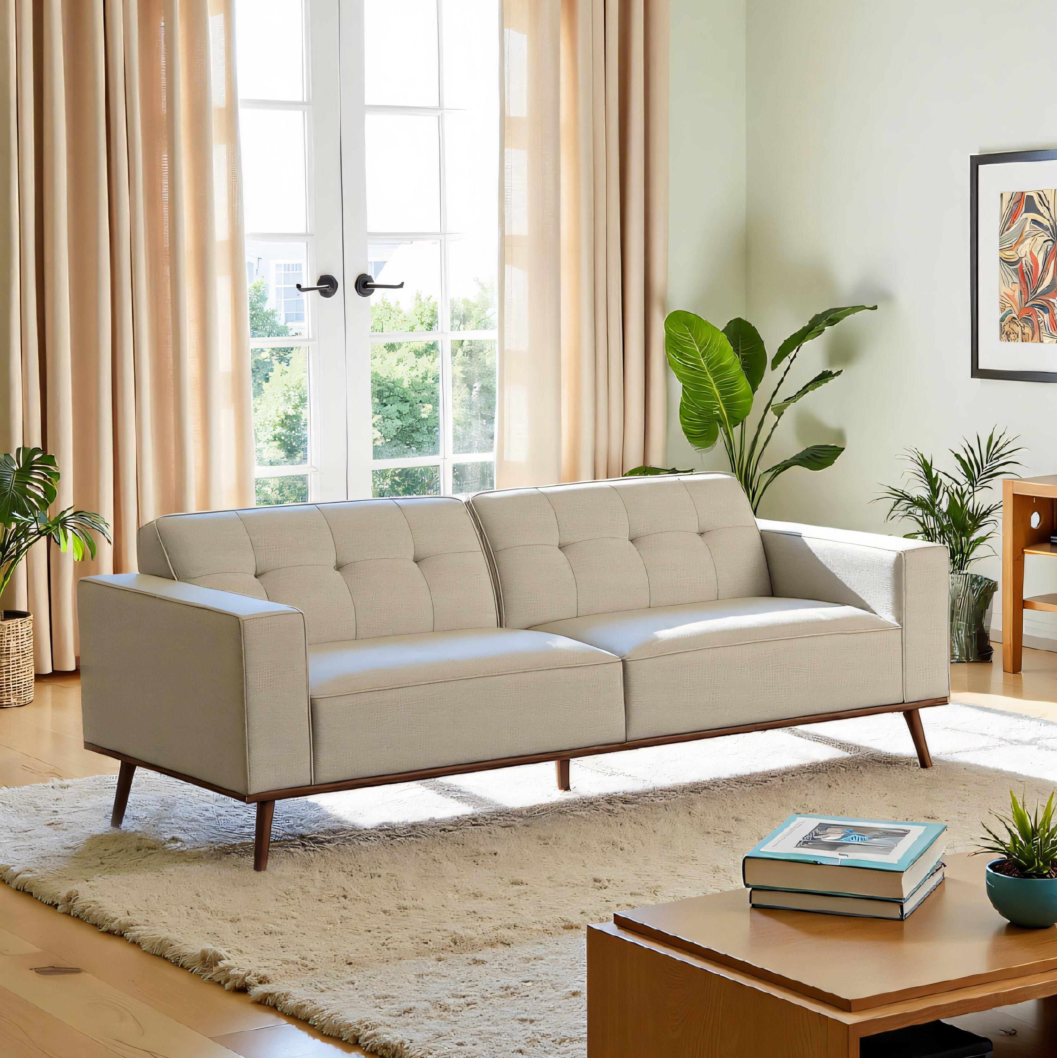 Neutral sofa shown in a bright living room with plants, artwork, and warm wood furniture