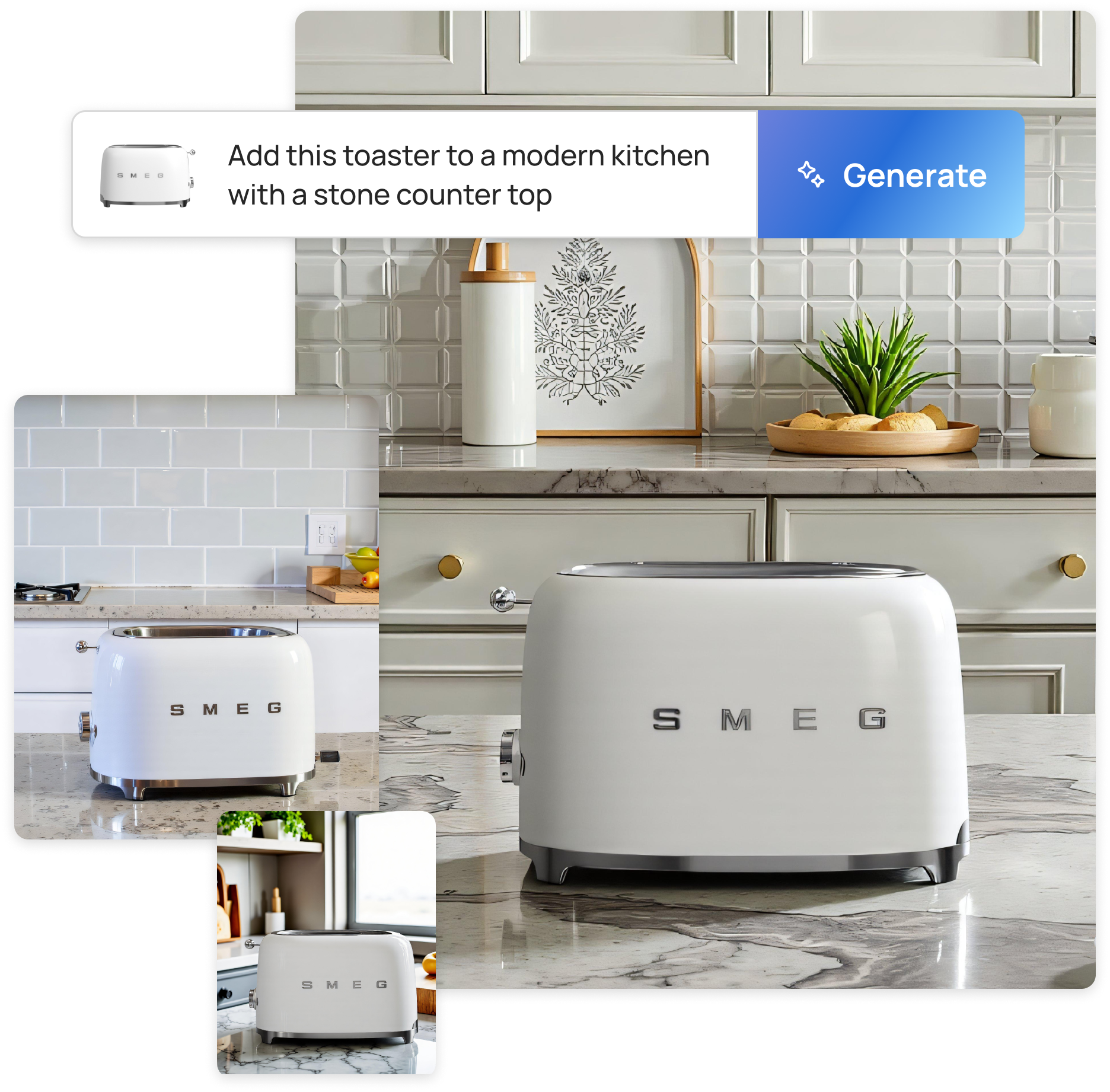 ALL3D generation interface combining a toaster product reference with a prompt and generated kitchen scenes