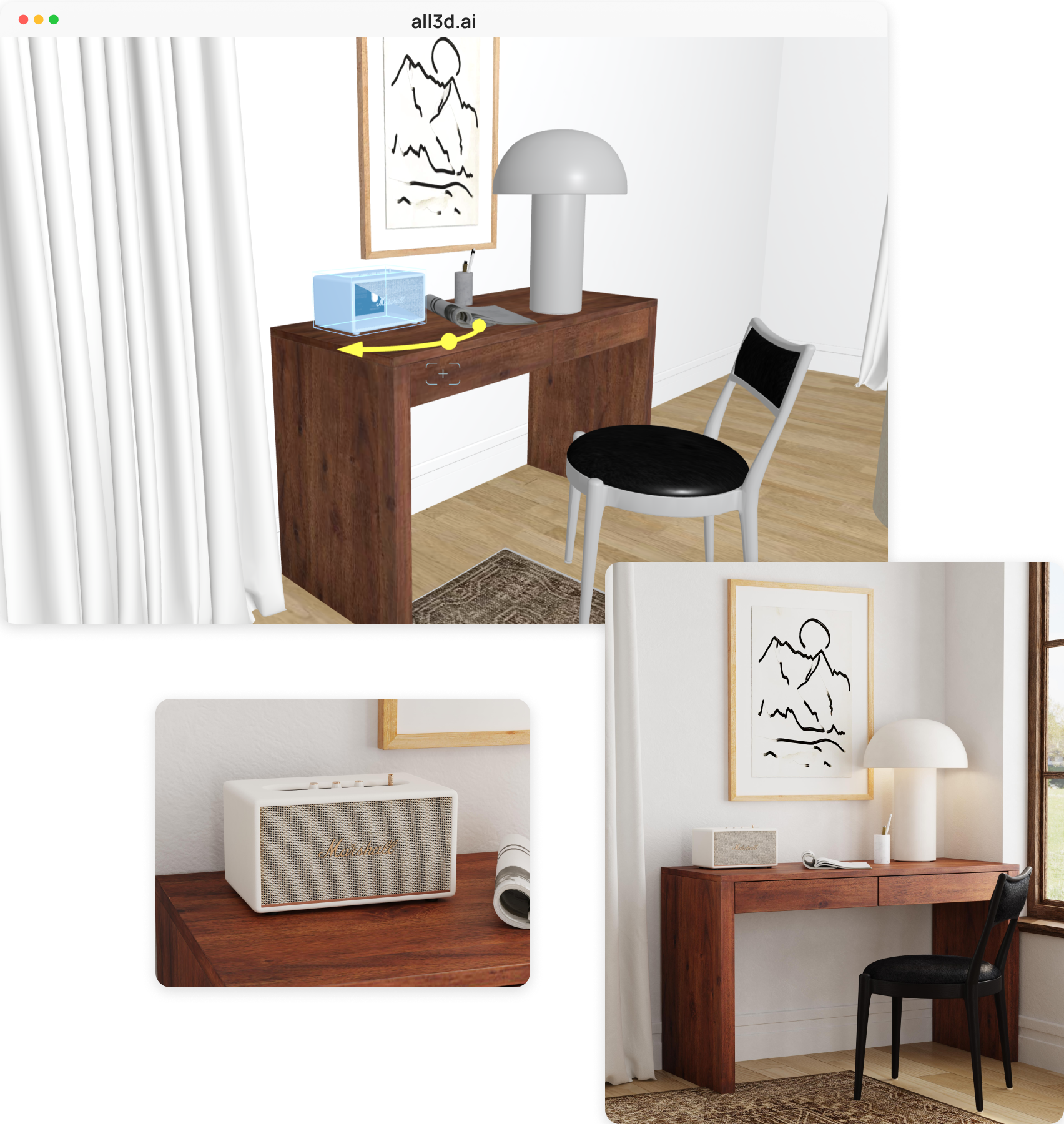 ALL3D scene editor positioning a speaker on a desk beside close-up and finished rendered views