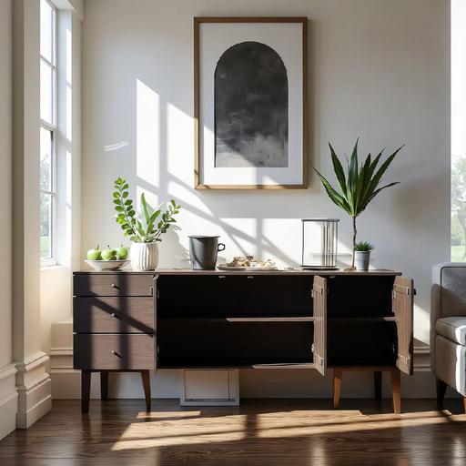 Dark wood sideboard styled with plants and tableware in a sunlit living room