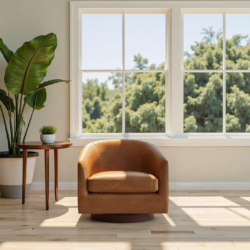 Brown leather armchair beside a small table and tall plant in a bright room