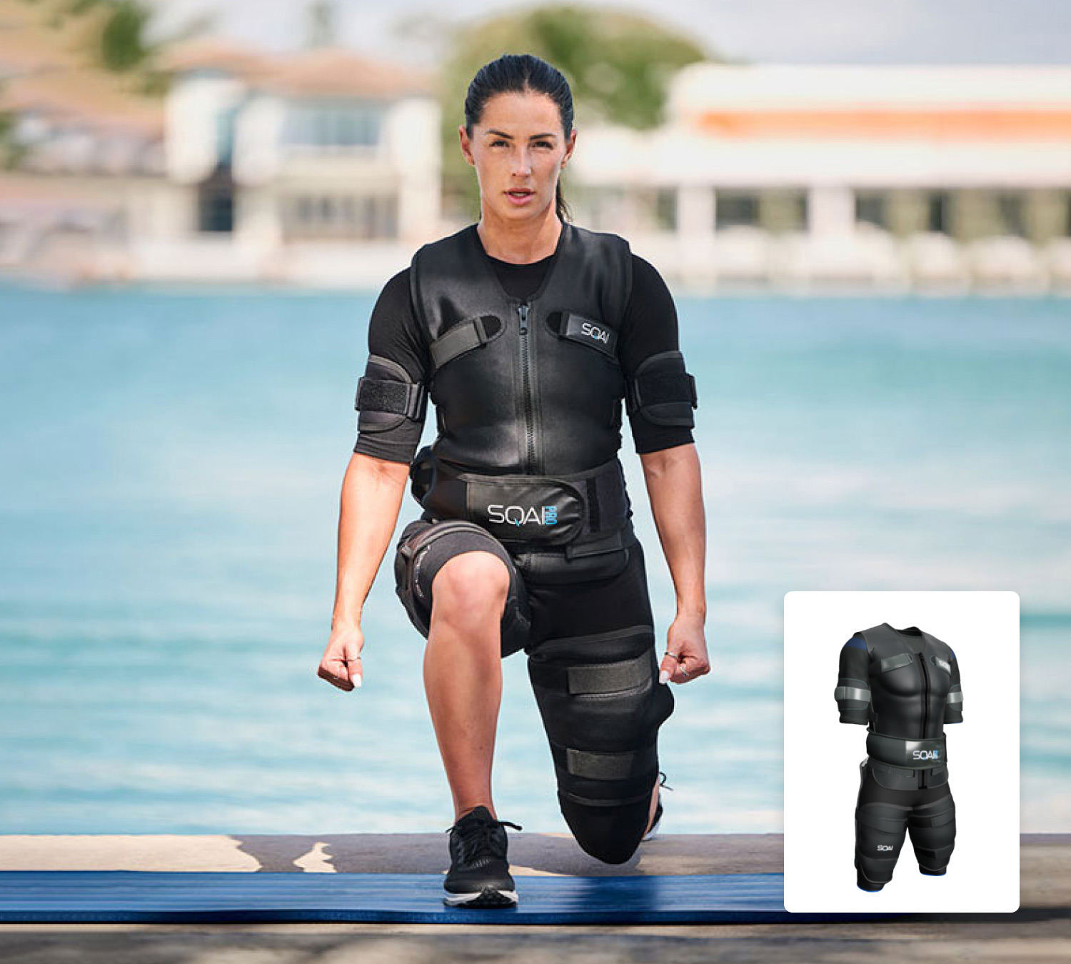 Athlete wearing a black training suit beside an inset image of the product