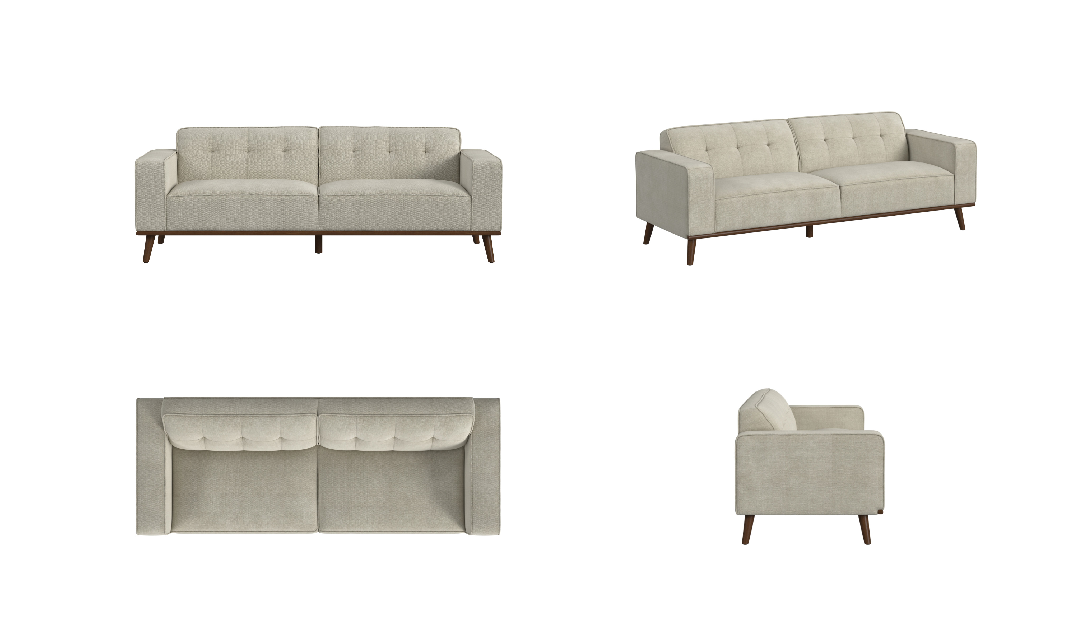 Four consistently framed views of the same neutral sofa from the front, side, back, and an angled position