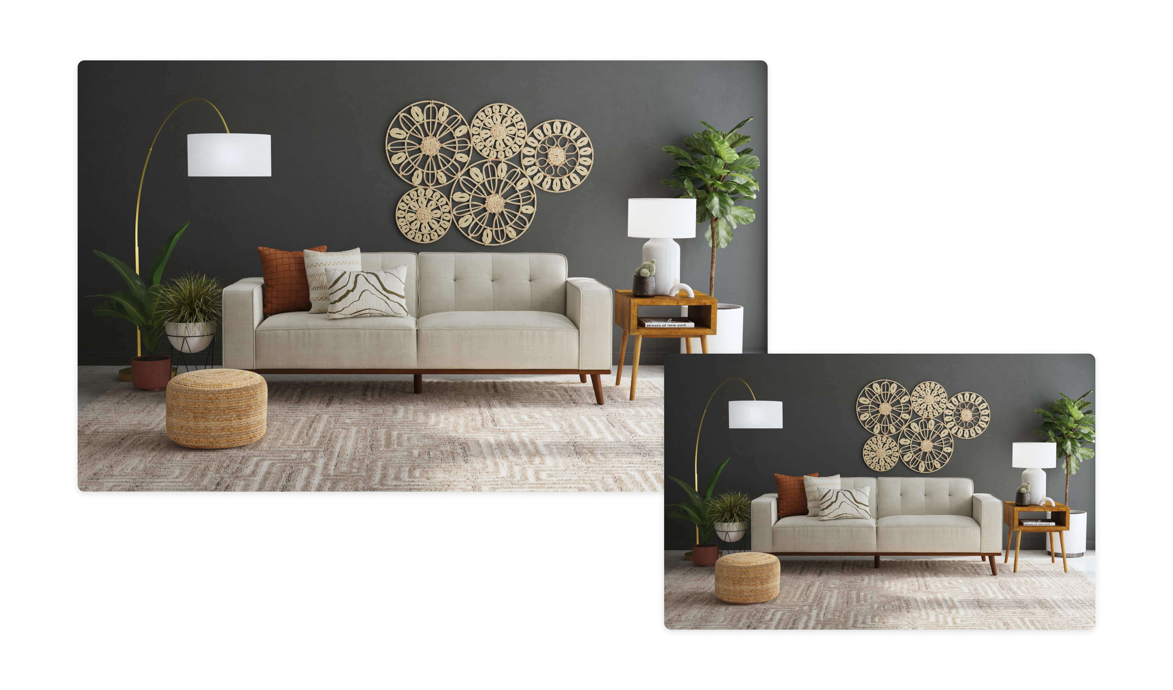 Neutral-colored sofa visualized in a styled living room scene