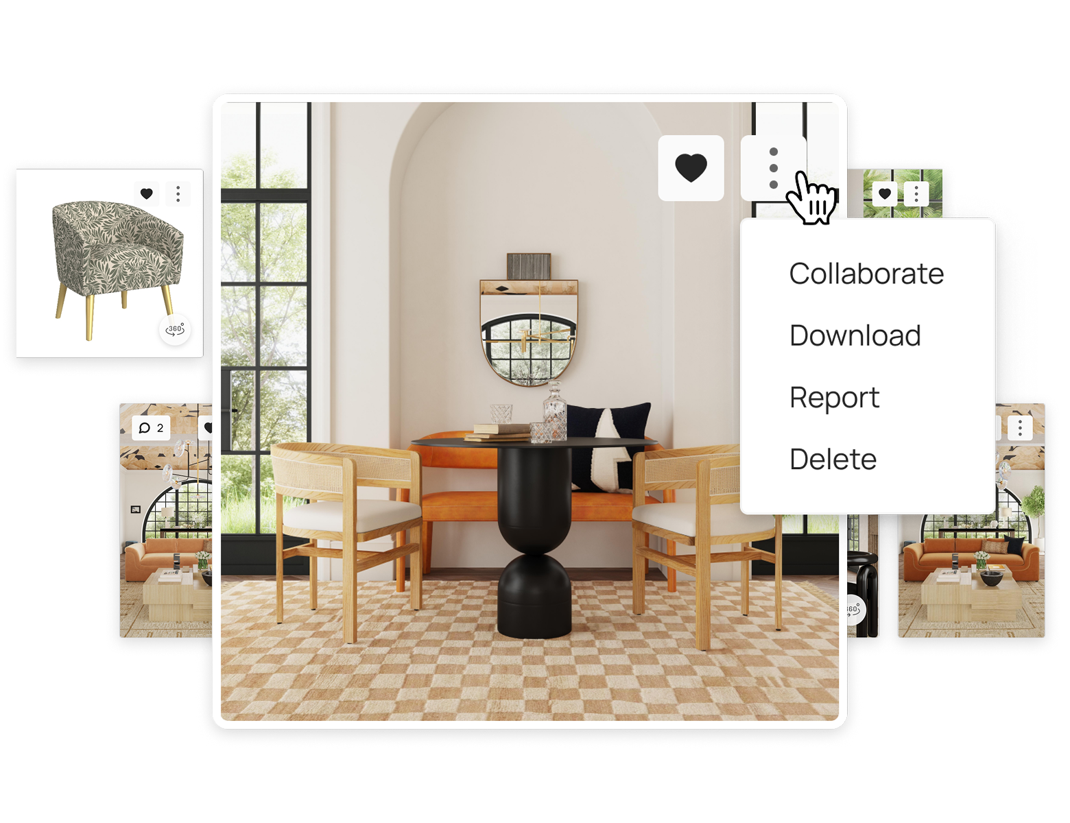 ALL3D asset interface showing product and room imagery with 360, comment, favorite, and download controls